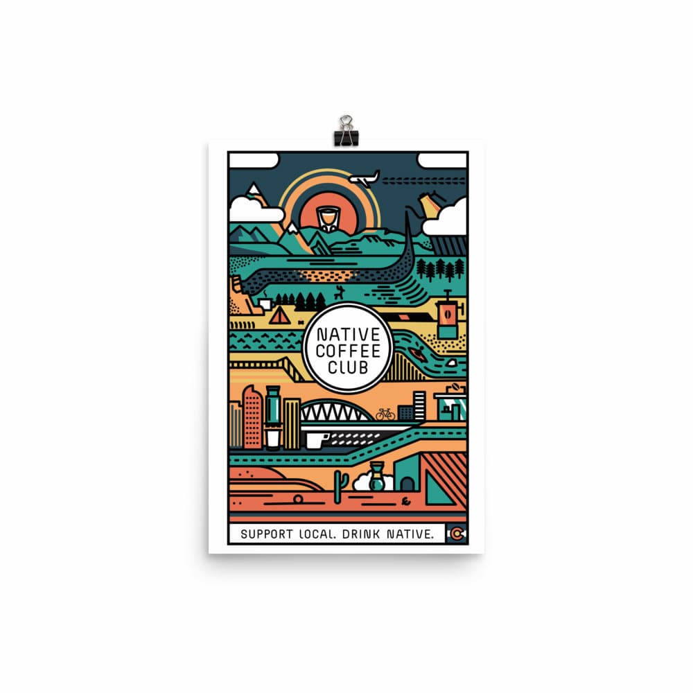 Colorado scenery and specialty coffee print. Features Native Coffee Club with Denver, mountains, deserts, and rivers with coffee accessories intertwined.